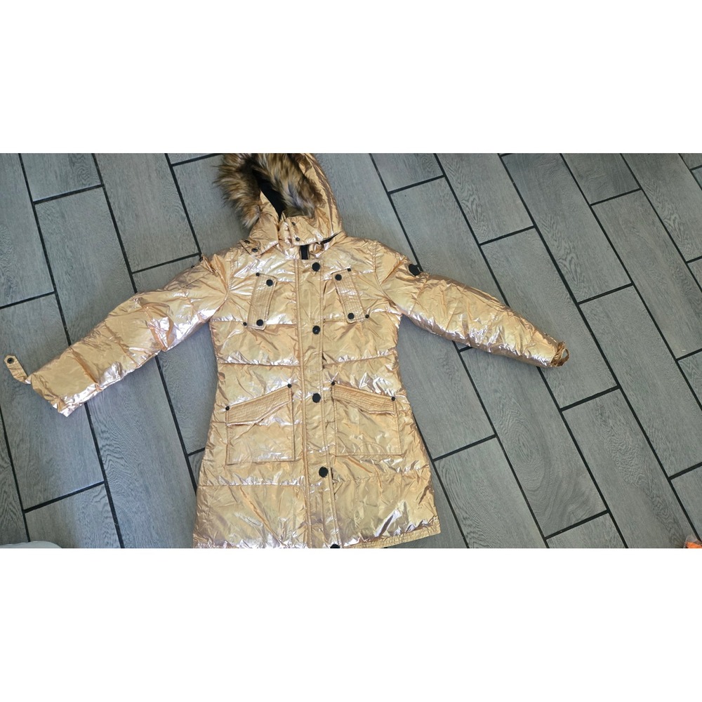 Celsius Premium Metallic Gold Puffer Parka Faux Fur Hood Quilted Jacket Medium